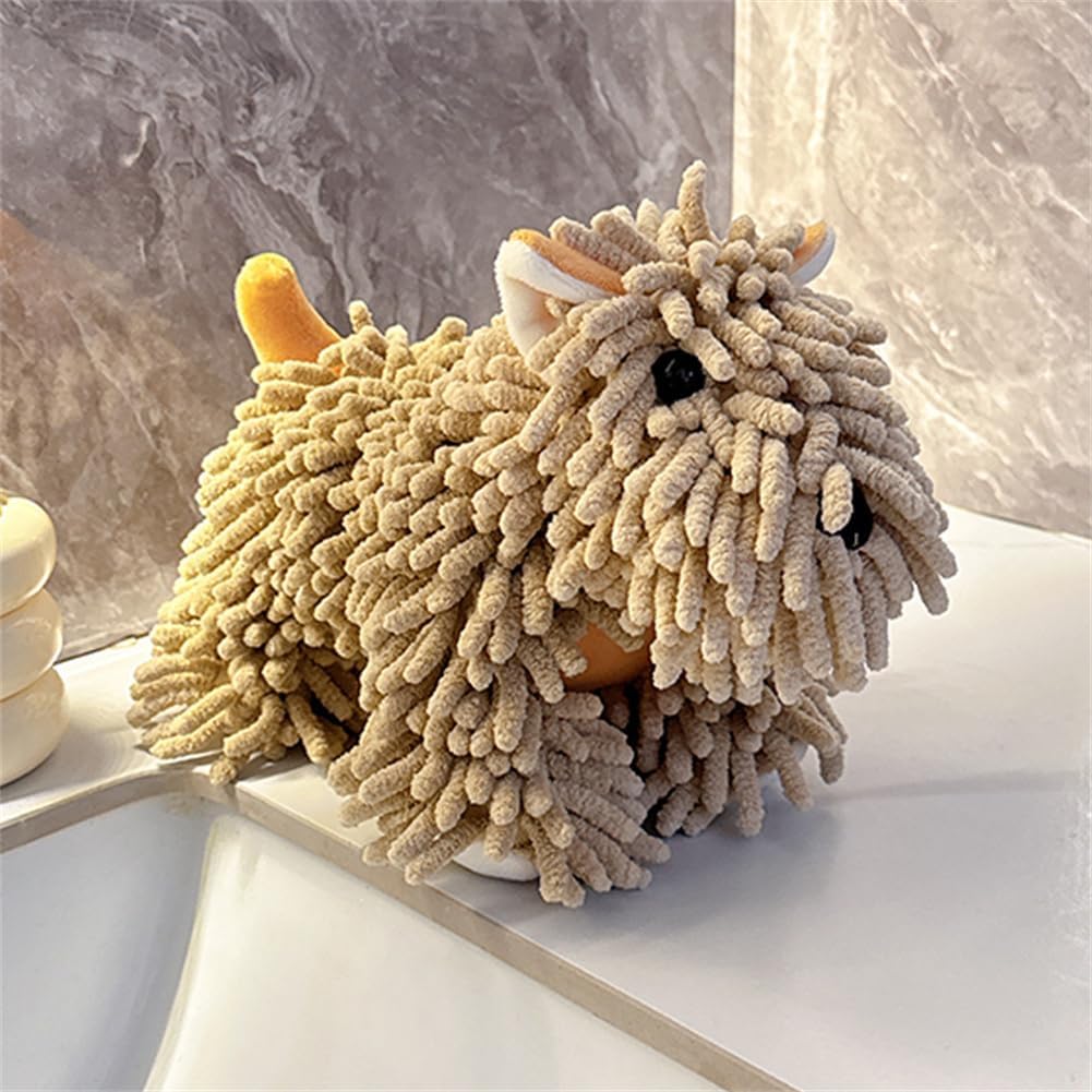 Chenille Hand Towel - Cute Cartoon Dog Plush Fuzzy Ball Hand Towel, Super Absorbent Hanging Kitchen & Bathroom Towels for Kids, Soft Hand Drying Puff for Bath, Washstand (White)