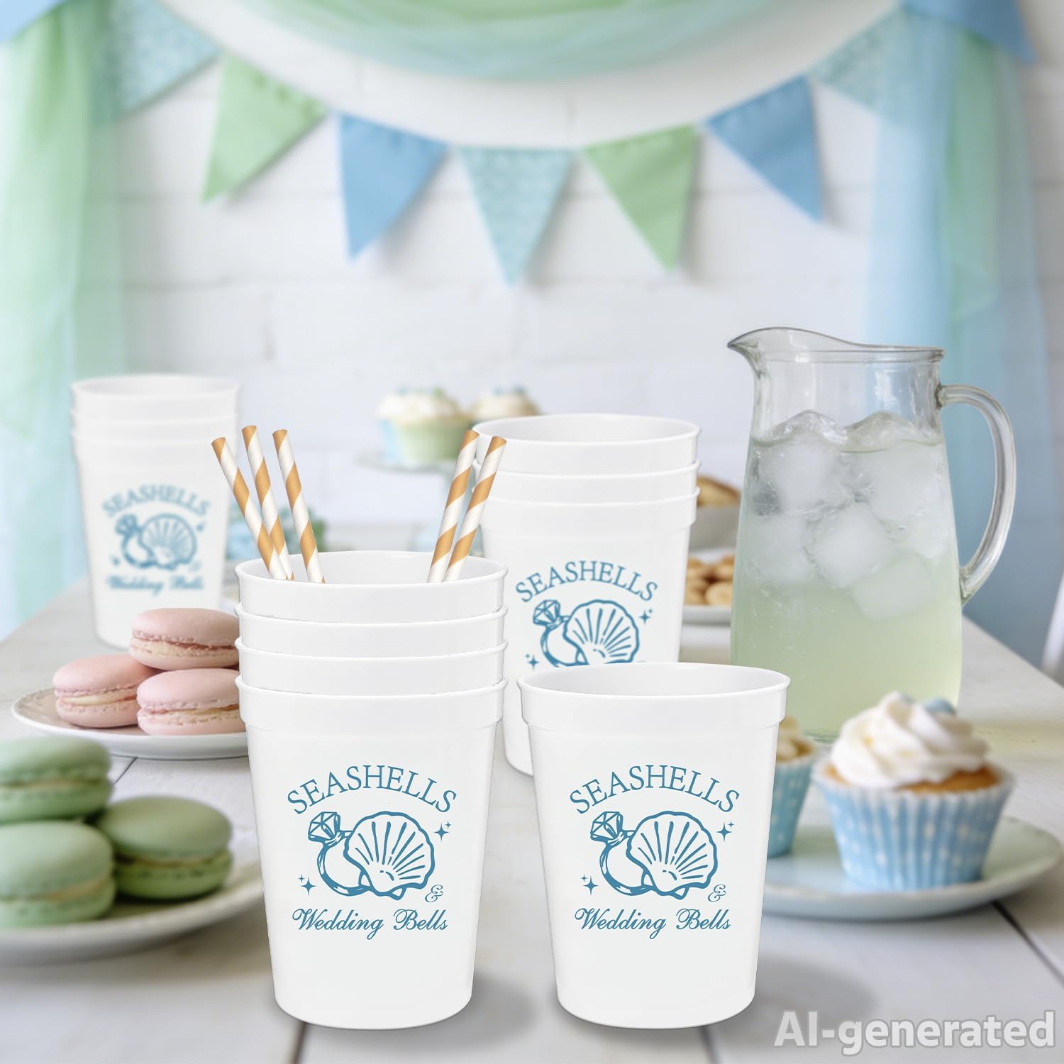 Seashells & Wedding Bells Plastic Cups, Bachelorette Party Cups | Seashells and Wedding Bells Decor, Beach Bachelorette Party Favors, 16oz Reusable Party Cups, 12 Pack