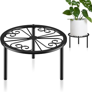 TOSKING Heavy Duty Metal Plant Stand - 9" Round Classic Scroll Pattern, Adjustable Non-Slip Leveling Feet, Rustproof, Decorative Display Shelf for Small to Medium Plants, Indoor/Outdoor, Black 9"Dia x 5.2"H