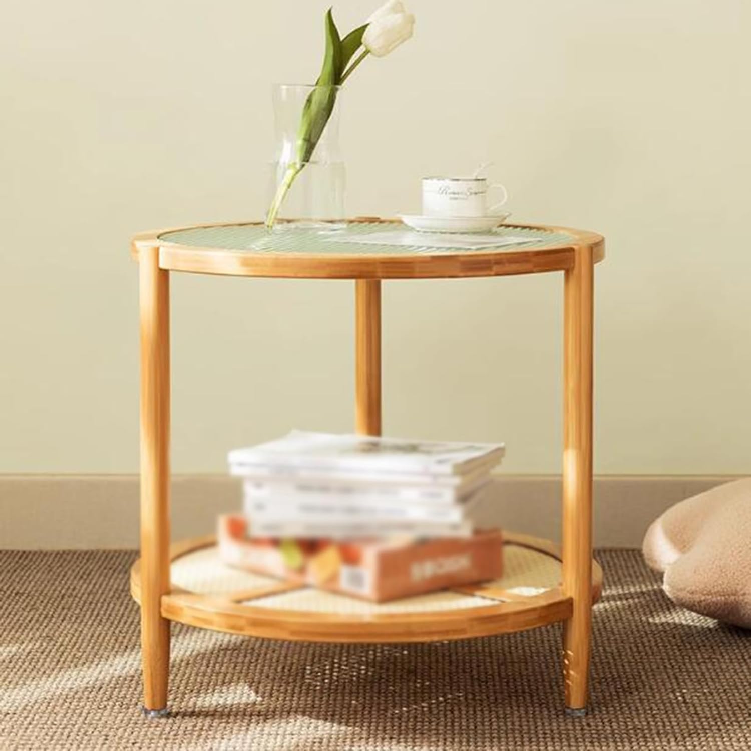Aimery Office End Table Round 2-Tier Coffee Table, Snack Table for Living Room Wood Frame Sofa Side Table for Bedroom Lounge Flower Shop