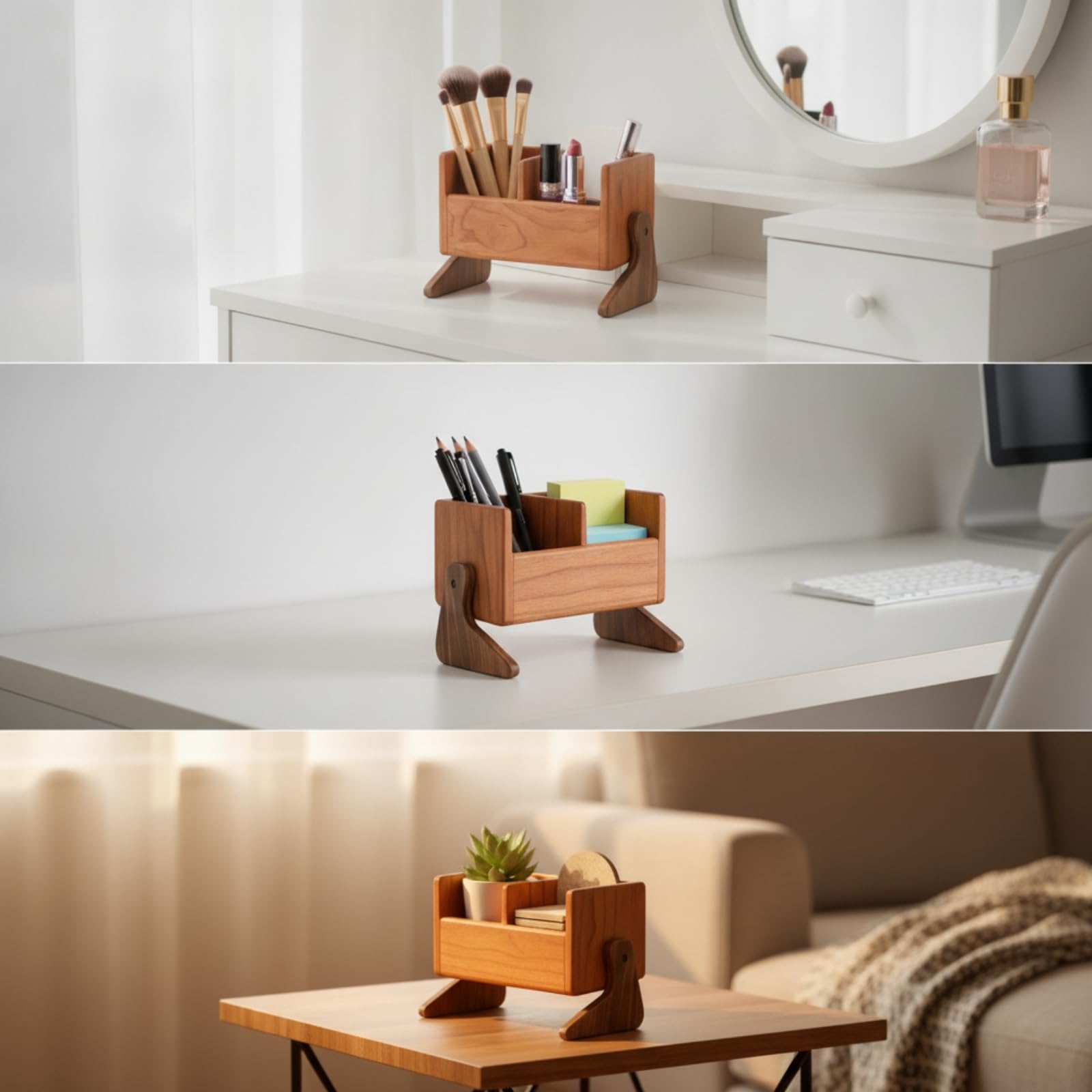Organiseur Maquillage avec Compartiments Compact Boîte Rangement En Bois Élégant Organiseur Bureau En Bois pour Femmes
