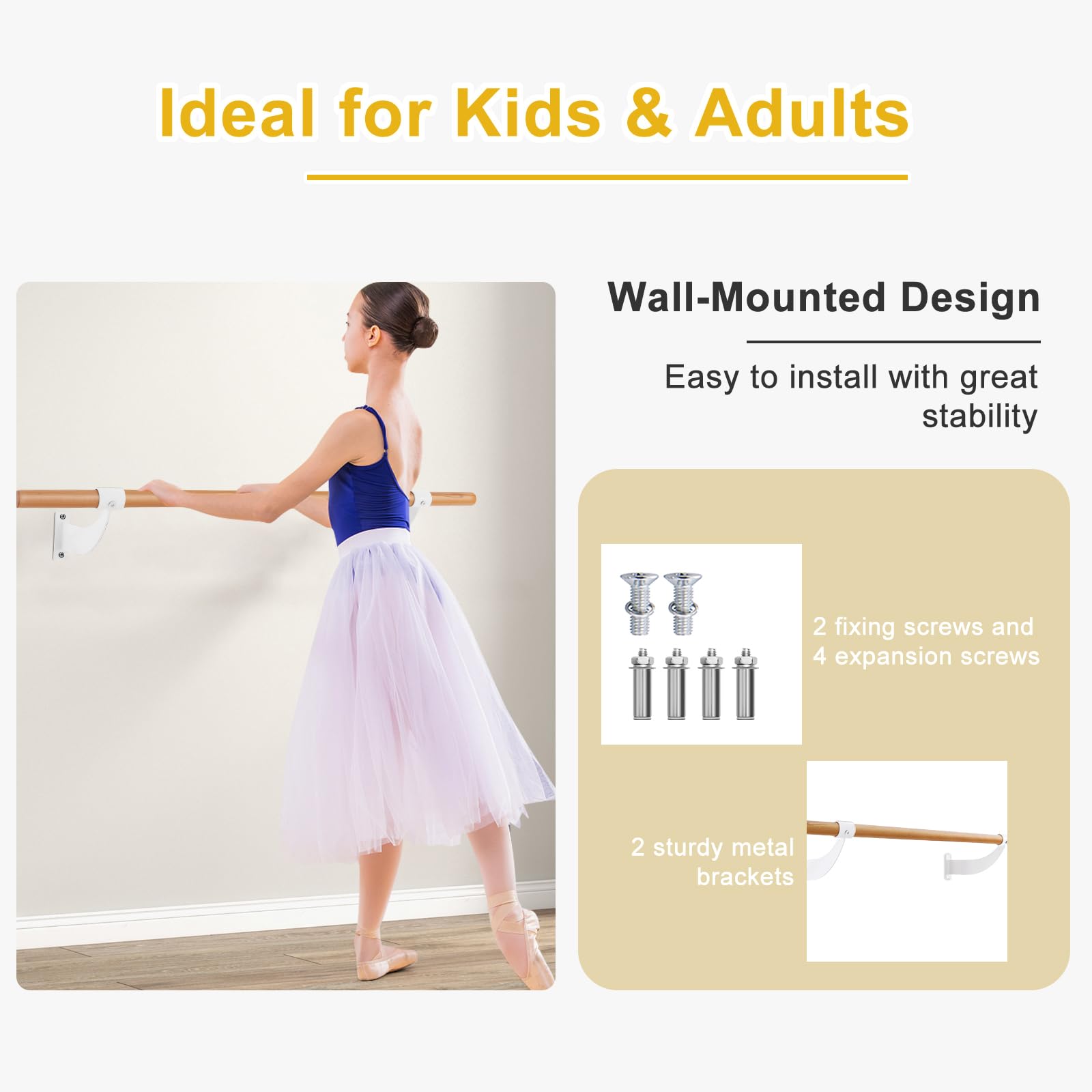 KOMFOTTEU Barre de ballet pour la maison, 38 mm de diamètre, en bois de hêtre, pour yoga, étirement, entraînement, poses de ballet, maison, salle de sport
