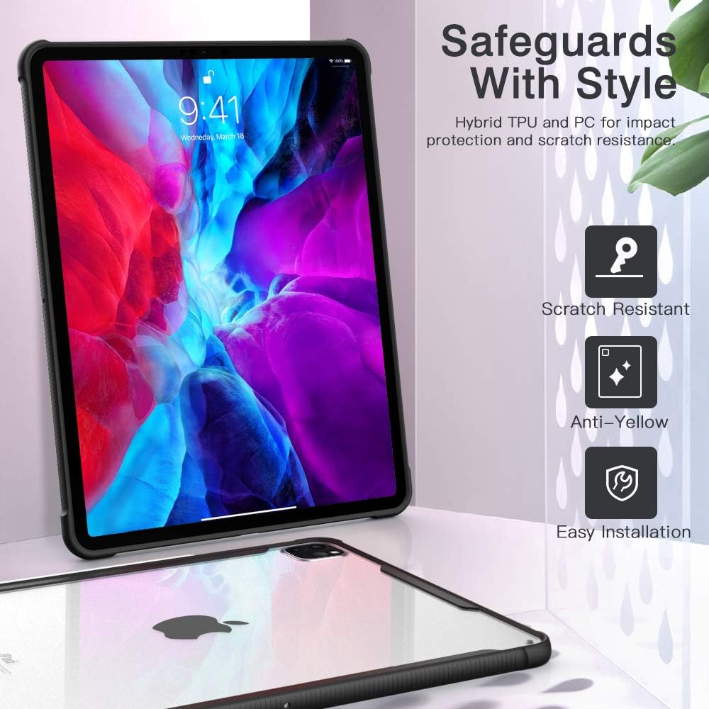 MoKo Case Fit iPad Pro 12.9 4th Generation 2020 & 2018 [Support Apple Pencil 2 Charging] Anti-Scratch Slim Transparent PC Clear Case with Shock Absorption Flexible Soft TPU Edge Bumper - Black