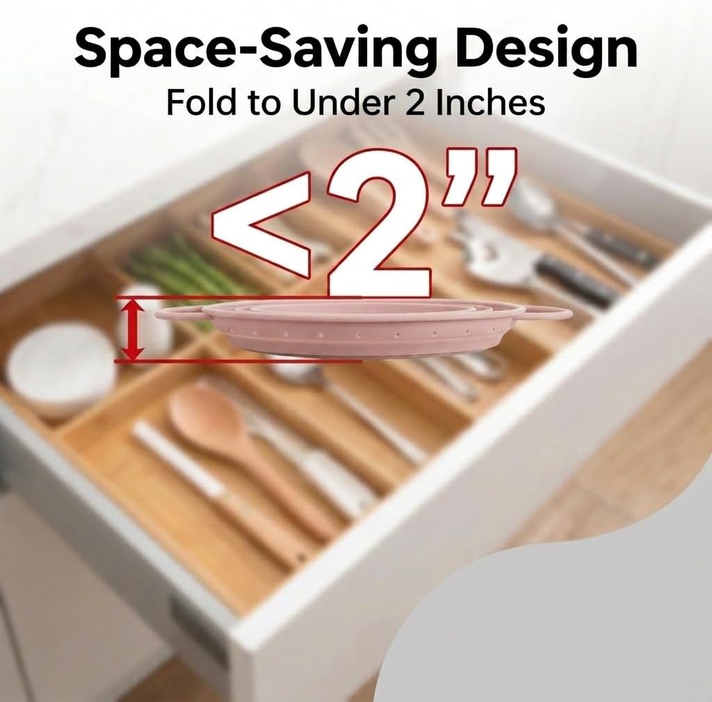 Collapsible Colander Set of 3 Silicone Strainers with Tongs, BPA-Free Heat-Resistant, Space-Saving Design, Stainless Steel Rim, Dishwasher Safe, 1 x 2QT & 2 x 4QT (Pink, Sage Green, Cream)
