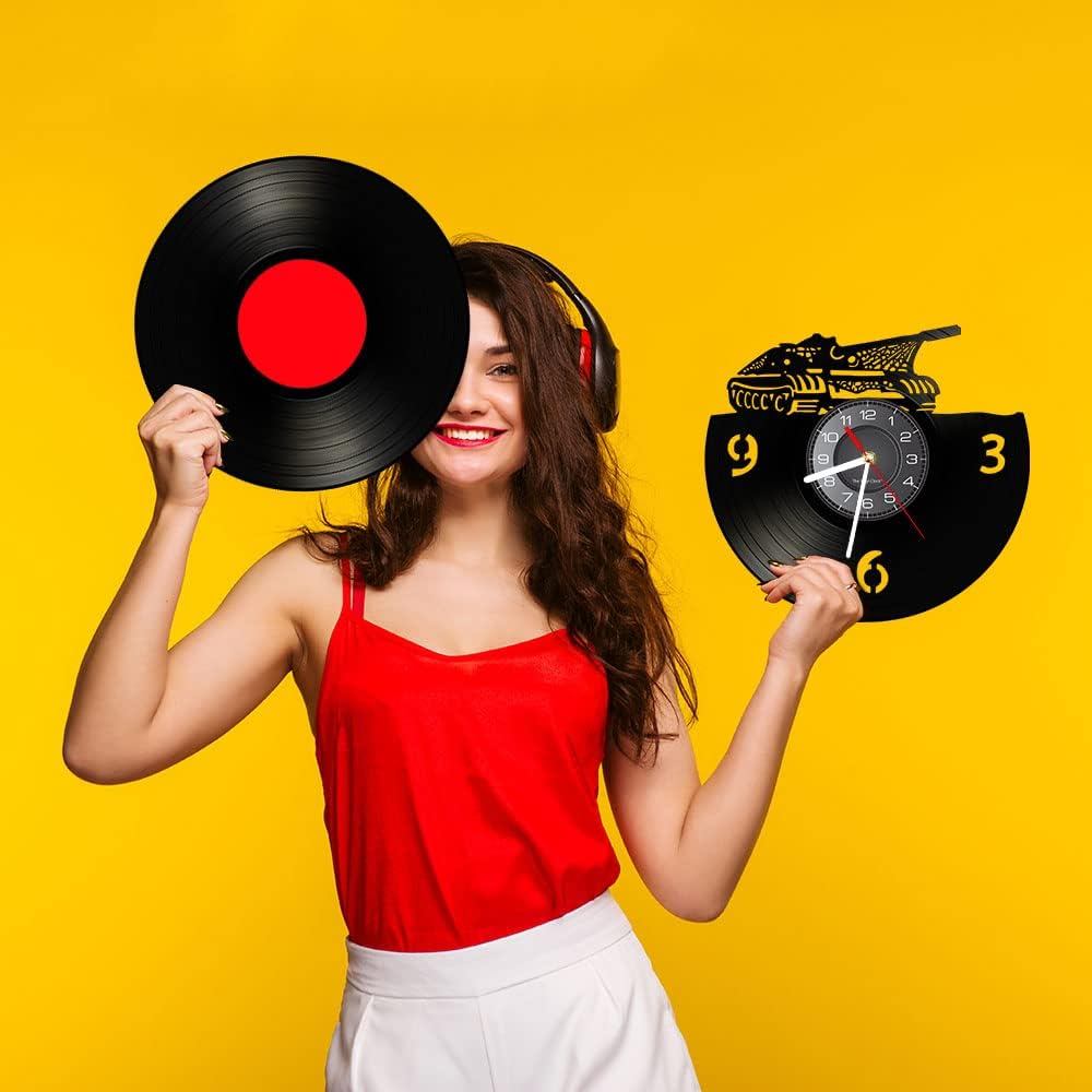 12'' Army Vinyl Record Wall Clock Battery Operated Silent Non-Ticking, Military Tank Vintage Wall Art Illuminated Hanging Decorative Records Wall Clock Watch for Living Room Bedroom Decor