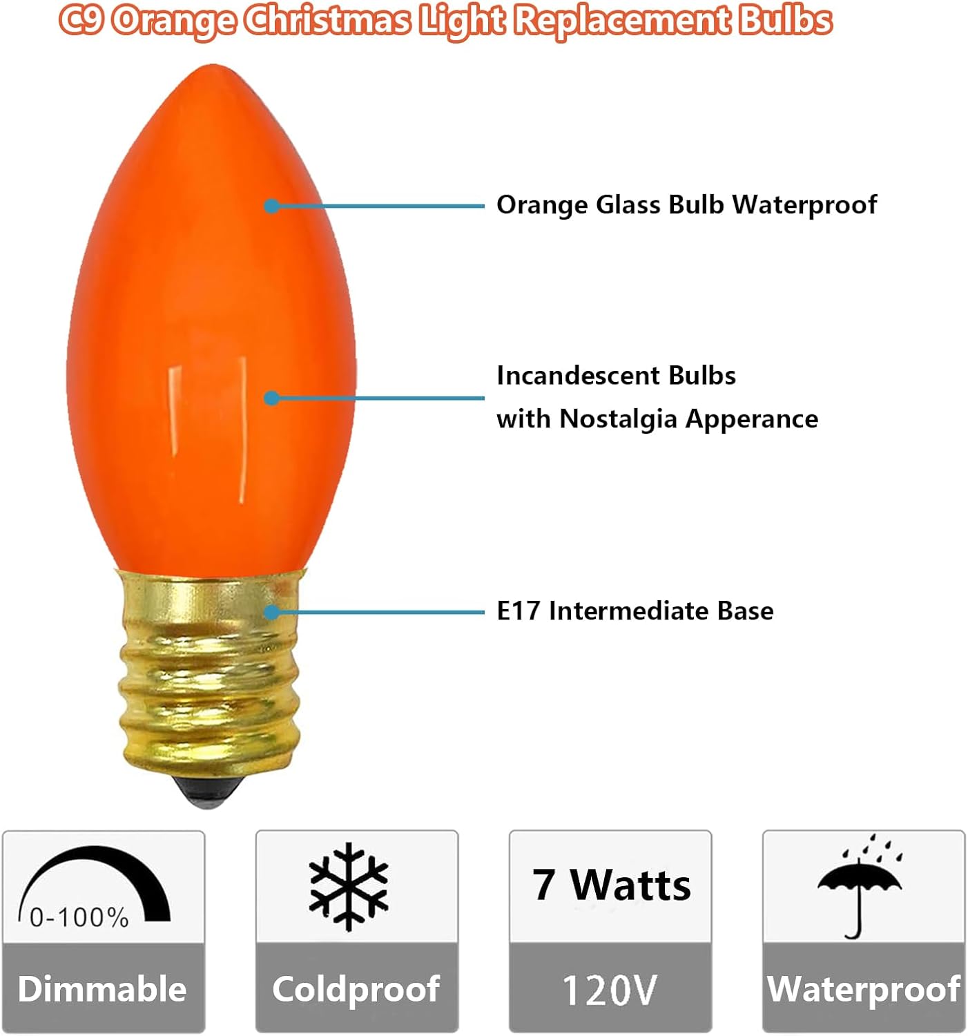 C9 Orange Replacement Light Bulbs, 25 Pack Ceramic Orange Bulb Christmas Light Bulbs for Outdoor Patio String Lights Halloween Decorations Party Yard Decor, E17 Intermediate Base- 7 Watts