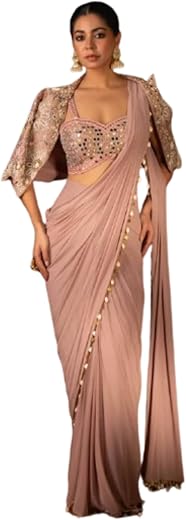 instrofab Womens Ready To Wear Saree Bollywood Style Crep Silk Fabric With Beautiful Sequance Embroidery Work Fully Stitch...
