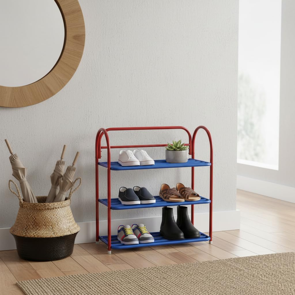 Modular 3-Tier Shoe Rack - Durable Metal Storage Organizer for Entryway, Closet & Mudroom - Space-Saving Ventilated Design for Boots, Sneakers & Slippers, Red and Yellow (Blue & Red)-image-27