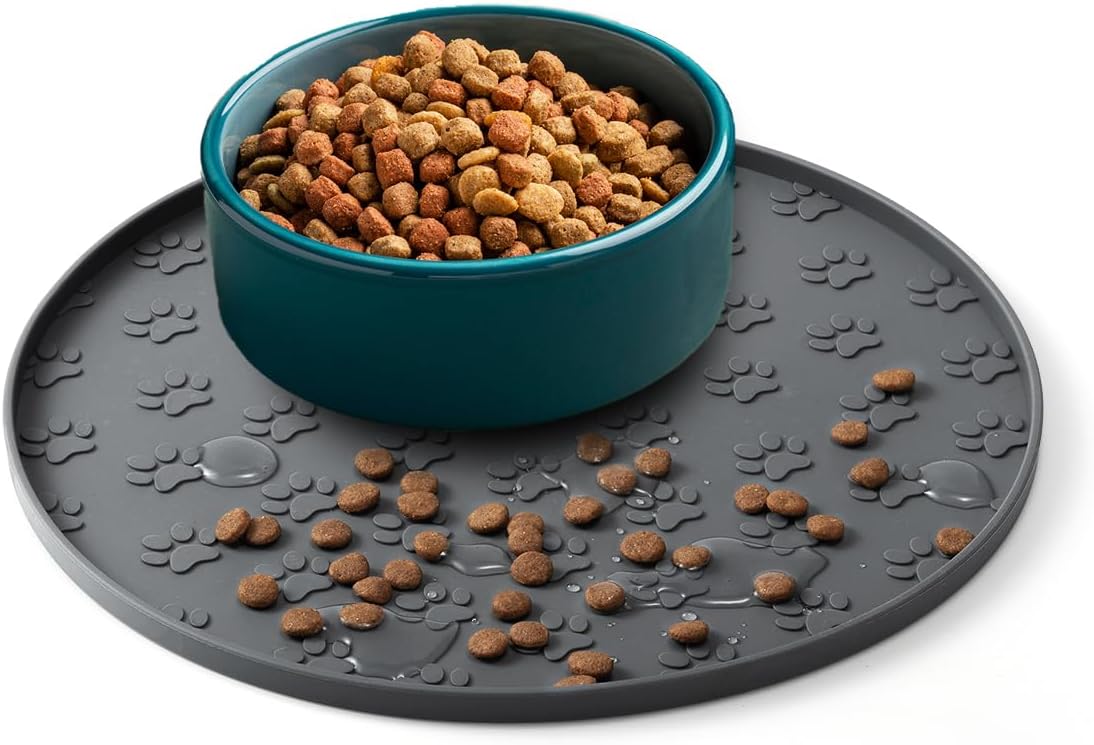 Pet Feeding Mat, Silicone, Waterproof, Raised Edges, Food and Water Bowl Placemat for Dogs and Cats (Grey, 27x27CM)