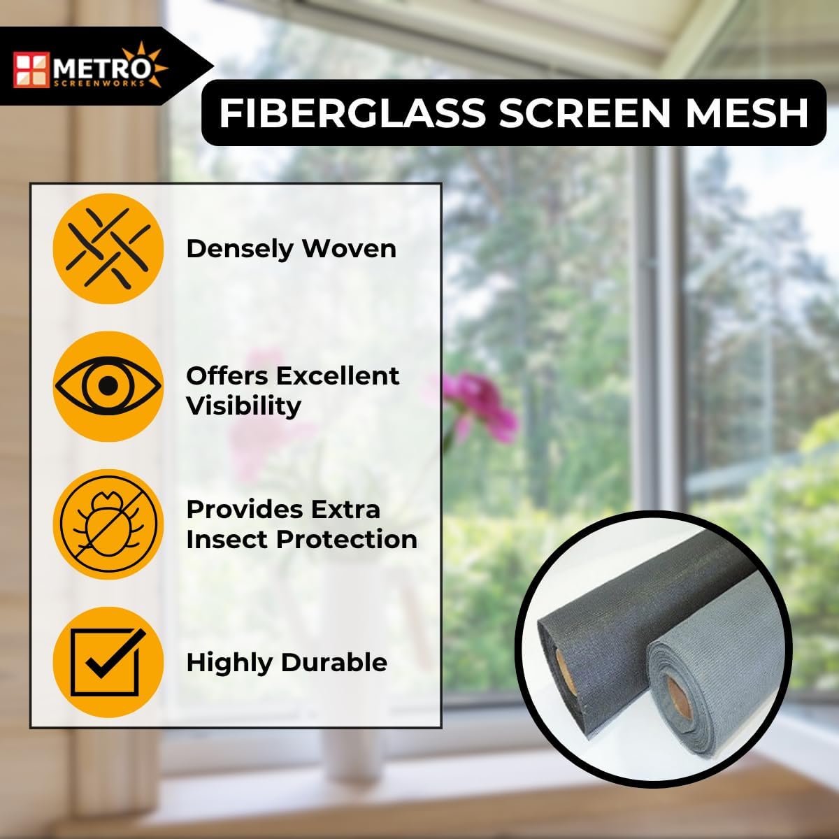Fiberglass Insect Screen Mesh Roll - 24 in x 100 ft, Charcoal - Fiberglass Mesh Roll Screening for Window, Door, Outdoor Patio, Porch, Pool Enclosure, & Balcony - Bug Screen Porch Screening Rolls