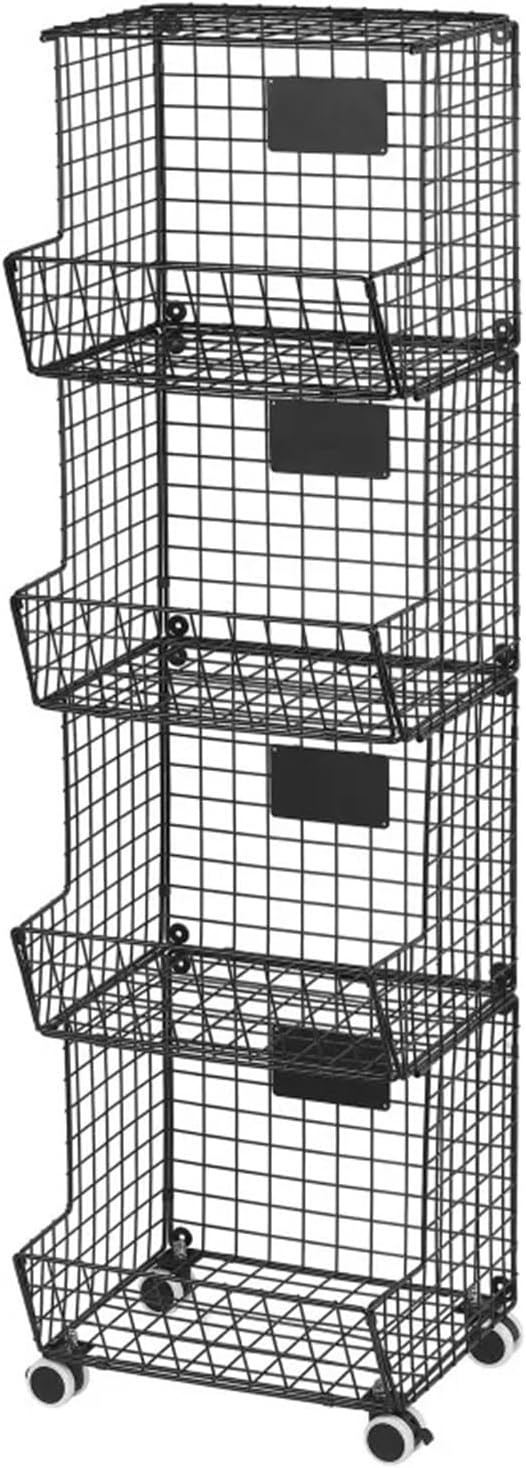 Storage Trolley 4 Tier Rolling Fruit Basket,Kitchen Metal Wire Vegetable Cart, Black Shelving Organizer
