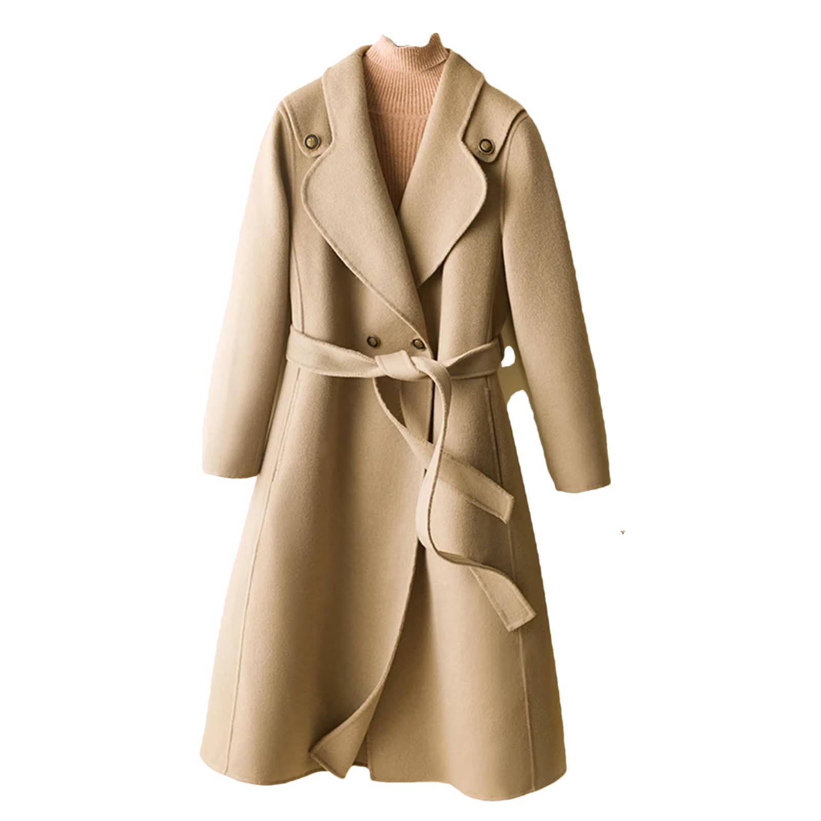 Gabardina larga de lana para mujer, de lana merino, a la moda, con solapa, cinturón, abrigo grueso coreano