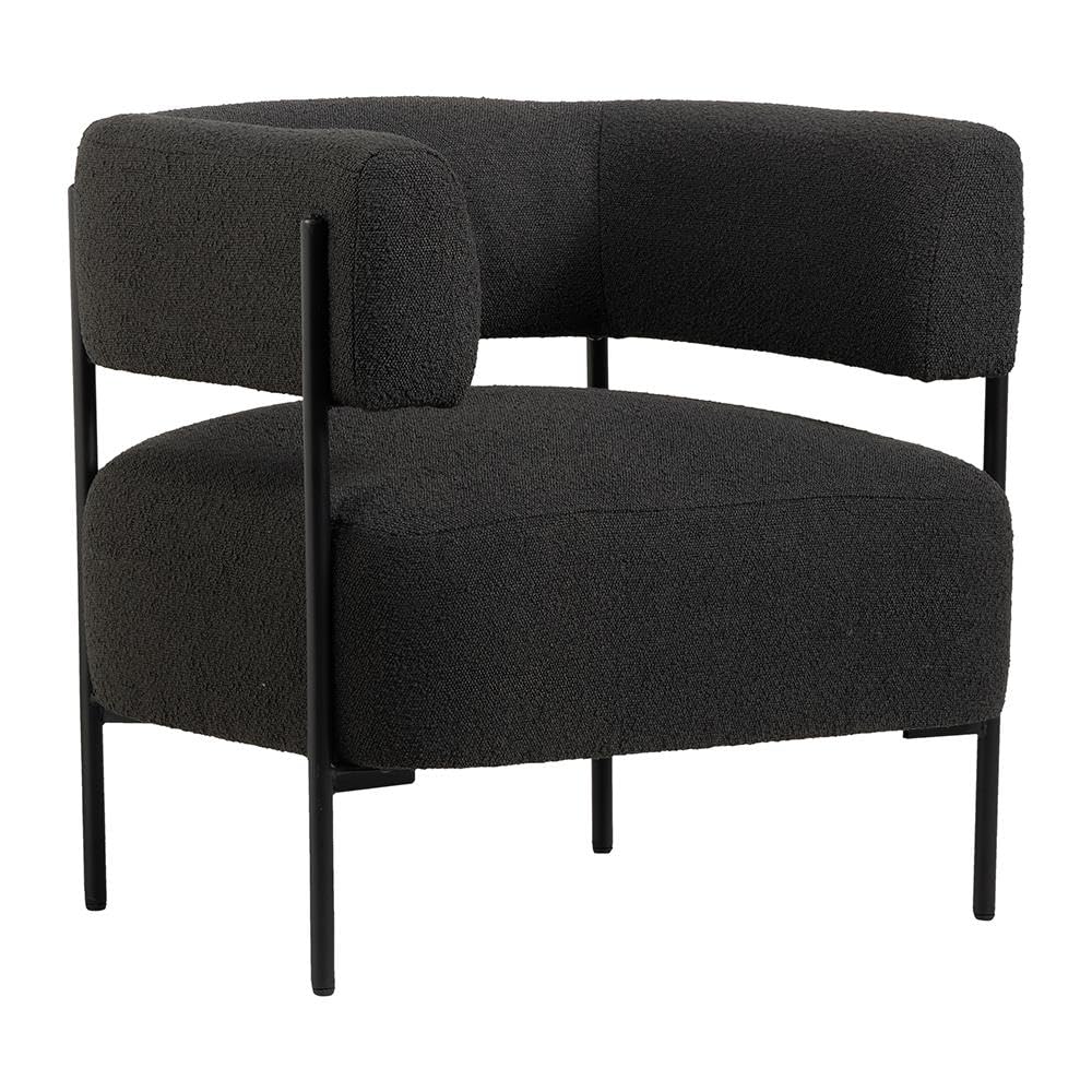 WSG Cheam Armchair Grey Boucle Fabric Seat Curved Back Accent Chair Style Black Metal Frame