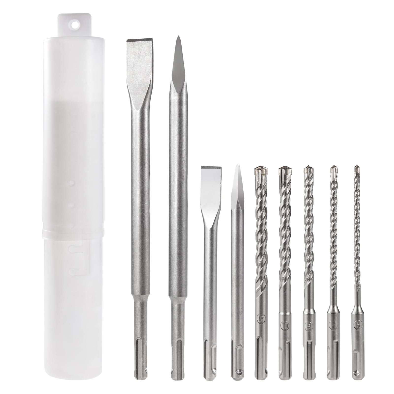 HPMAISON 9 Stück SDS Plus Bohrer und Meißel Set, 5tlg Hammerbohrer, 2tlg Punkt Meißel, 2tlg Flacher Meißel für Beton Ziegel Zement Stein