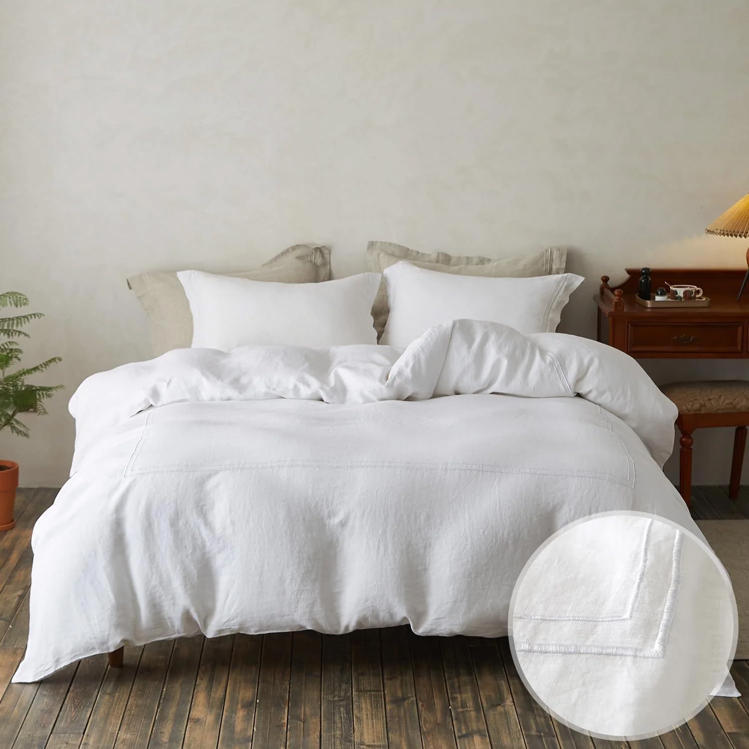 Simple&Opulence 100% Washed Linen Duvet Cover Set 88"x92" - 3 Pieces Soft Farmhouse Comforter Cover Set Double Embroidered with Button Closure - 1 Duvet Cover and 2 Pillowshams (White, Queen)