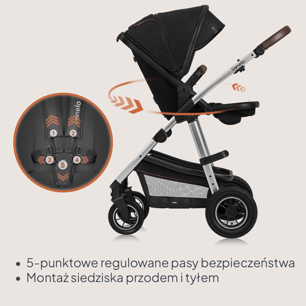 LIONELO Amber wózek spacerowy 2 w 1 do 22kg, montaż siedziska przodem lub tyłem do kierunku jazdy, pozycja leżąca, bezobsługowe koła PU, pokrowiec na gondolę i na spacerówkę (Czarny)