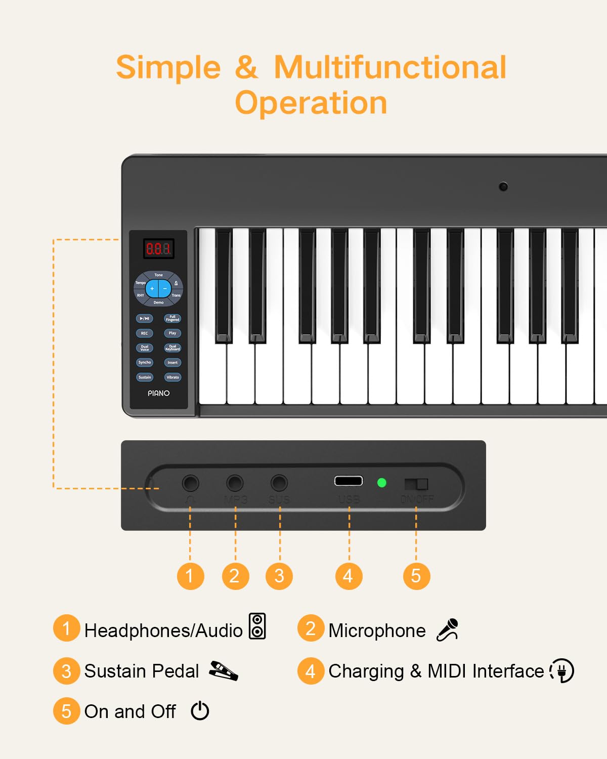 Pianoforte pieghevole a 61 tasti, pianoforte elettrico sensibile pieghevole per principianti, tastiera portatile con leggio per spartiti, borsa, pedale