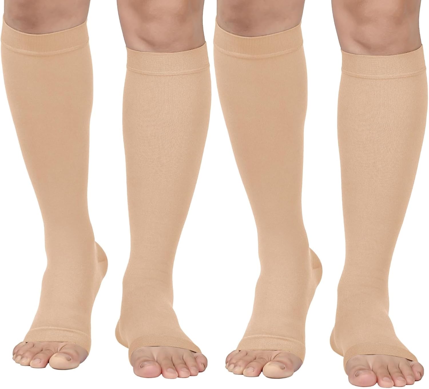 MGANG® 20-30 mmHg Compression Stockings for Men and Women, 2 Pairs Medical Compression Socks, Knee High Length, Open Toe, Opaque, Support Hose for Varicose Veins, Oedema, Swelling, Beige XX-Large