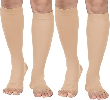 MGANG 20-30 mmHg Compression Stockings for Men and Women, 2 Pairs Medical Compression Socks, Knee High Length, Open Toe, Opaque, Support Hose for Varicose Veins, Oedema, Swelling, Beige XX-Large