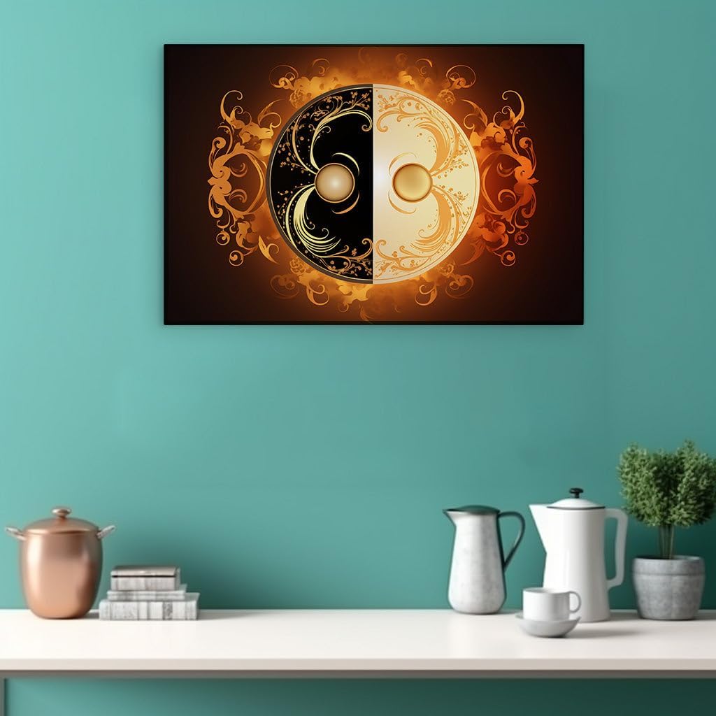 Canvas for Living room. Harmony in Contrast: Exploring the Intricate Beauty of a Black, Orange, and Gold Yin Yang Illustration, 27 x 18 inch Canvas Wall Art - Nature Home Decor