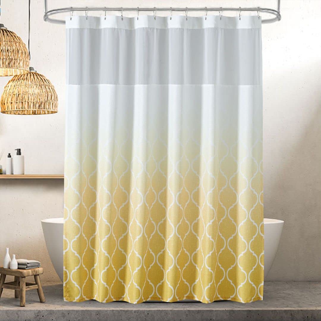 YOSTEV Gold White Shower Curtain with Mesh Top Window, Gold Ombre Geometric Shower Curtains for Bathroom with 12 Metal Hooks, Textured Waterproof Bath Curtain, 72 x 72 Inch
