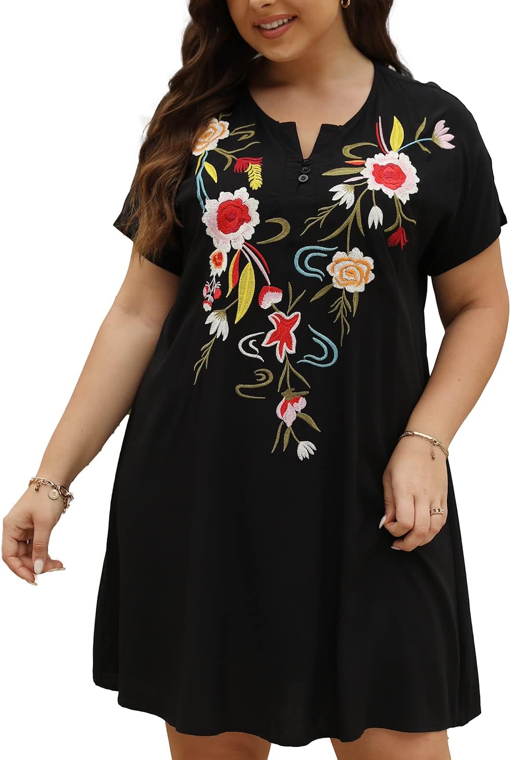 Higustar Plus Size Embroidered Dress for Women Mexican Peasant Boho Floral Tradition Fiesta Bohemian Summer Hippie Dresses - Image 4