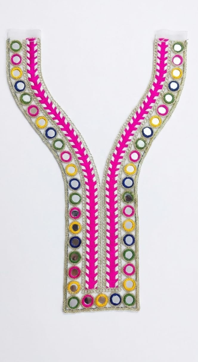Embroidered Mirror Work V-Neck Patch for Kurti Suit Dress | Ready-to-Stitch Applique, Multicolour Mirror Work, Designer Neck Lace, Pink Embroidery Detail, Decorative Neck Patch-image-34