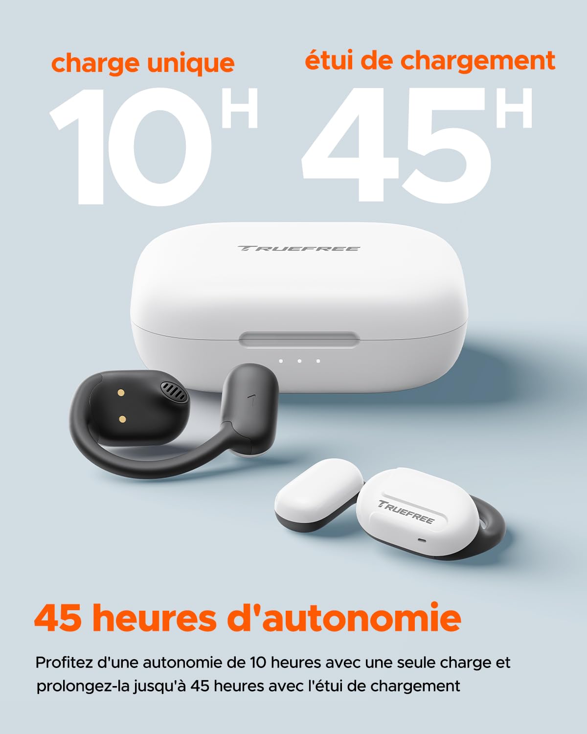truefree O1 Ecouteurs Bluetooth 5.3 sans Fil Casque Audio avec Haut-parleurs dynamiques de 16,2 mm, Son stéréo immersif, 45h d'Autonomie pour Sport, entraînement (Blanc)