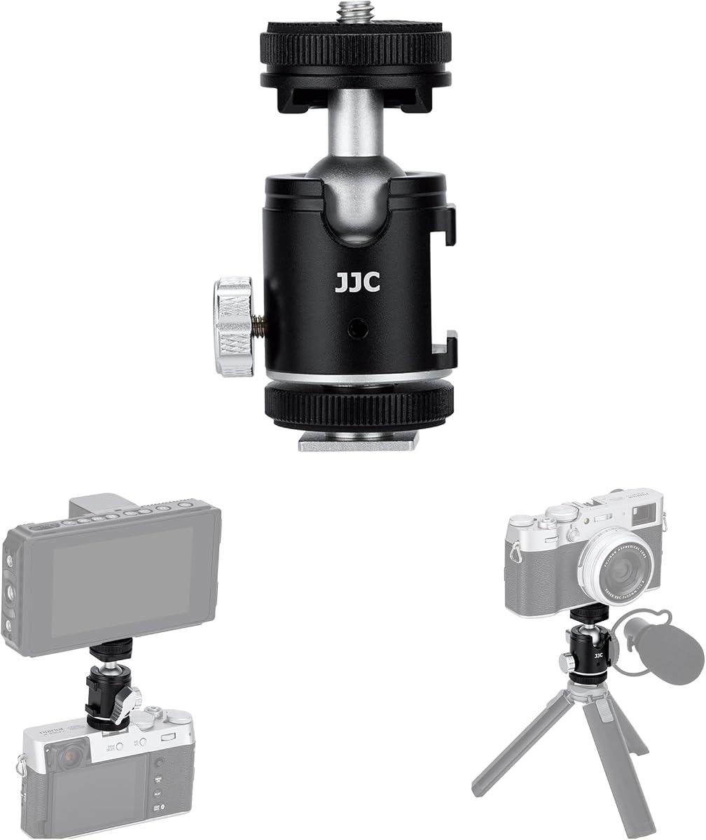 JJC 1/4''-20 Camera Tripod Ball Head Mount Adapter, Mini Ballhead with Cold Shoe Mount for Camera DSLR Tripod Selfie Stick LED Light Flash Microphone Phone Cage, 360-Degree Rotation, 90-Degree Tilt