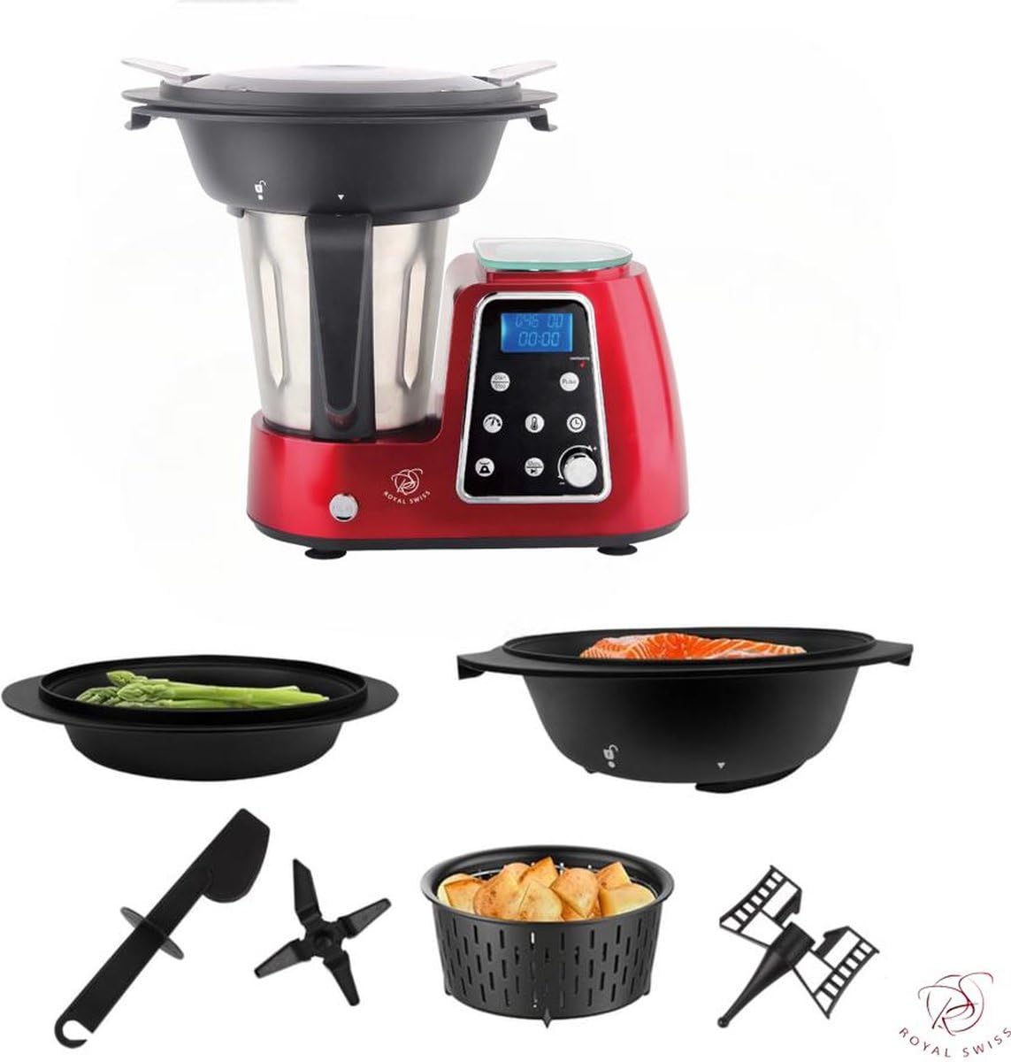 Royal Swiss Robot de Cocina Multifunción 1800W - Mezclador, Cocina, Amasadora, Pantalla LCD, Cuenco Inox 2,5L, 10 Velocidades, 5 Programas Preestablecidos, 10 Velocidades, Seguridad Térmica y