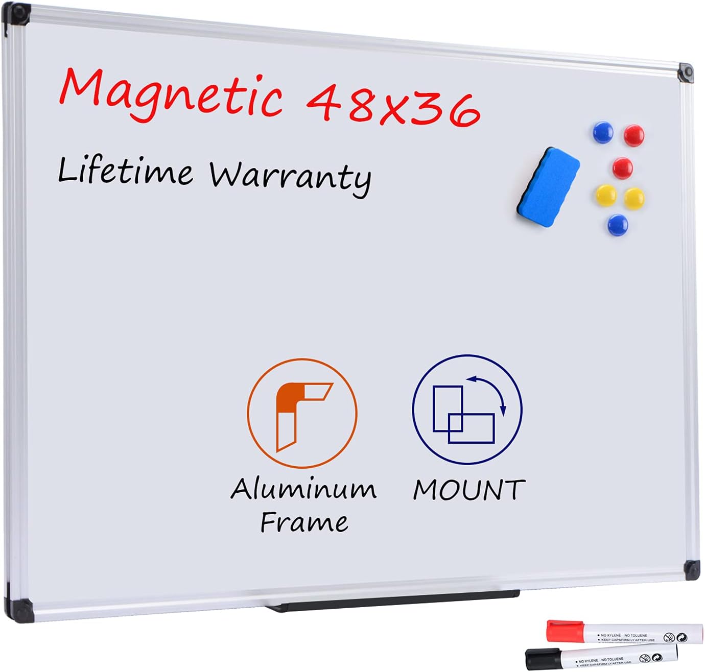 Board2by Magnetic Dry Erase Whiteboard 48 x 36 Inches - 4 x 3 Large White Board for Wall, Silver Aluminum Frame, 1 Magnetic Eraser, 2 Whiteboard Pen, Black Detachable Marker Tray, 6 Magnets for Office : Office Products