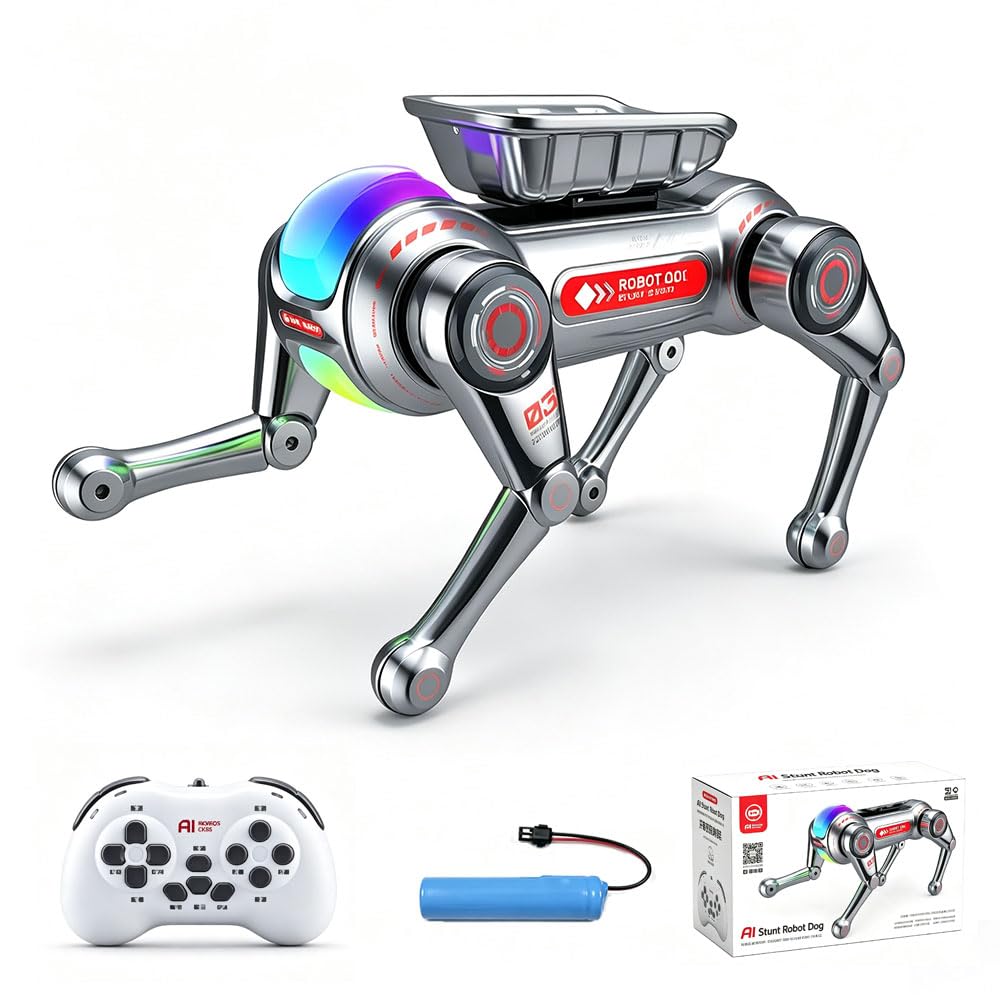 Perro robot inteligente con cesta de almacenamiento extraíble, juguete robot para niños de 3 a 12 años, control por voz, más de 30 acciones y opciones de programación, efectos de iluminación