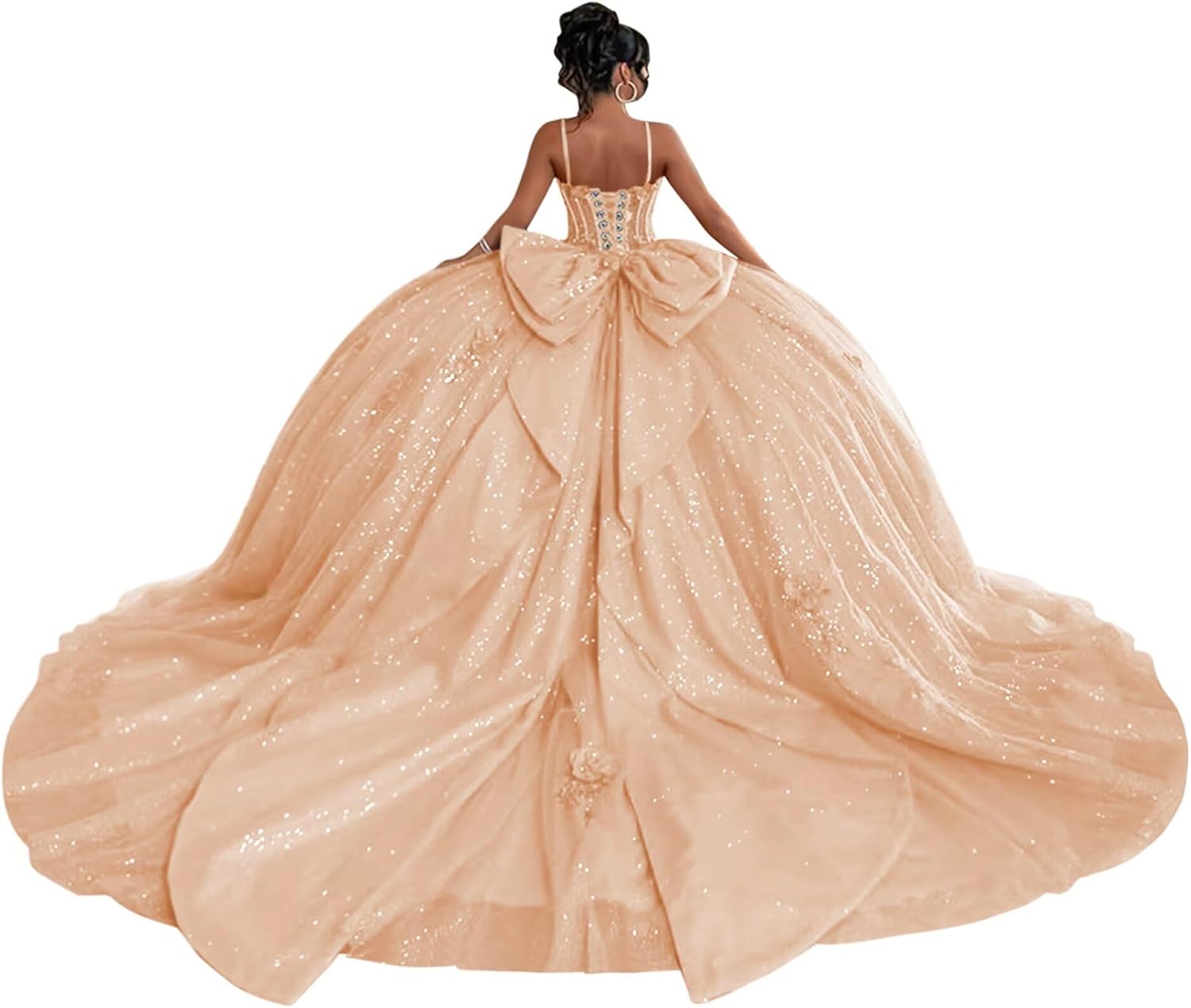 Youjiayi Princess 3D Flowers Quinceanera Dresses with Bow Spaghetti Straps Sequin Ball Gown Puffy Tulle Lace Sweet 16 Dresses