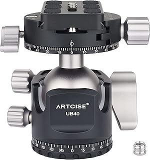 ARTCISE Low Profile Tripod Head,40MM ball diameter Double panorama head Double U Notch All metal Camera ball head & 1/4 Quick Release Plate for Cameras Camcorder Max Load 44.1lbs/20kg