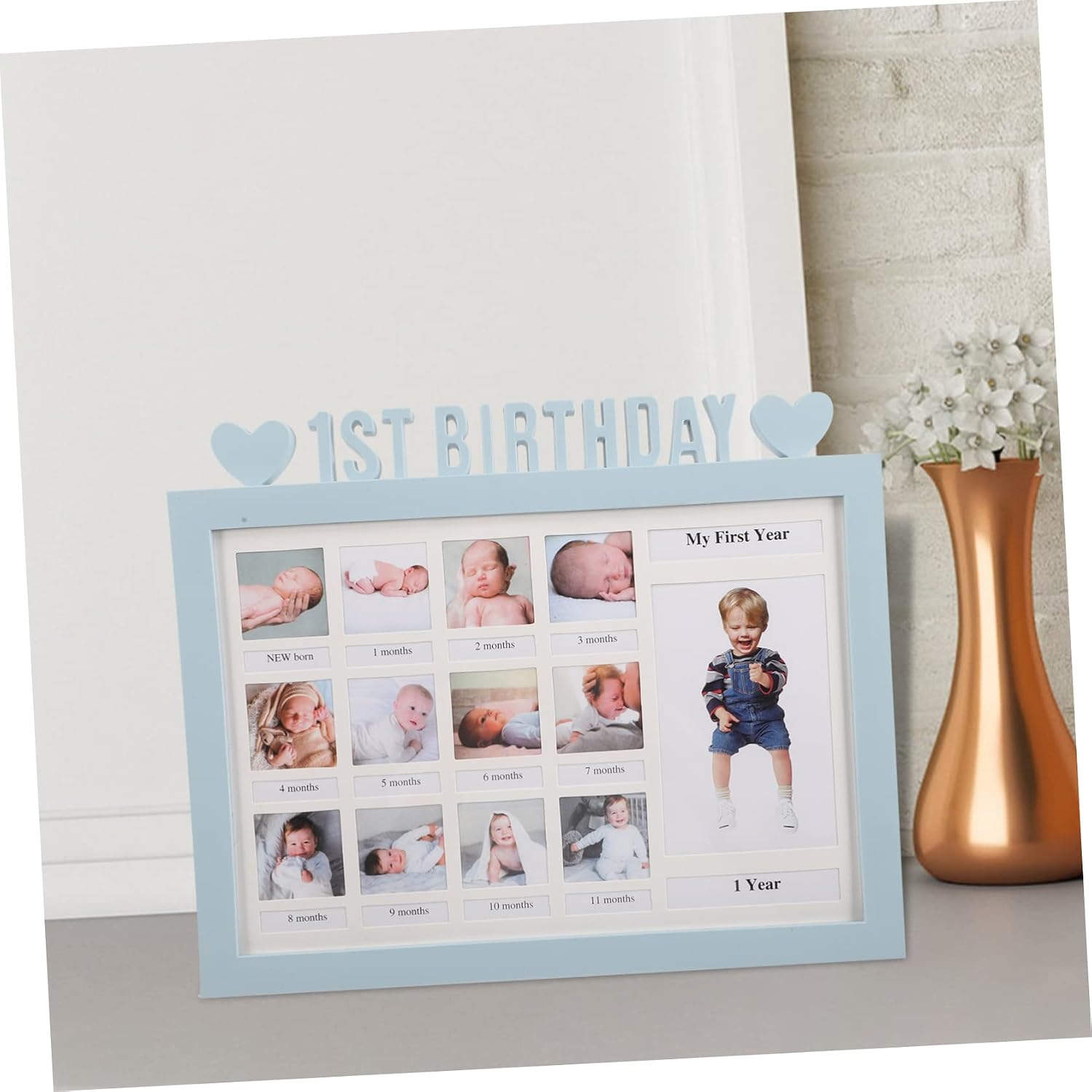Growth Picture Frame for Birthday Blue Milestone Photo Frame for Boys Photo Display to Celebrate Babys First Year Memories and Home Decoration Keepsake