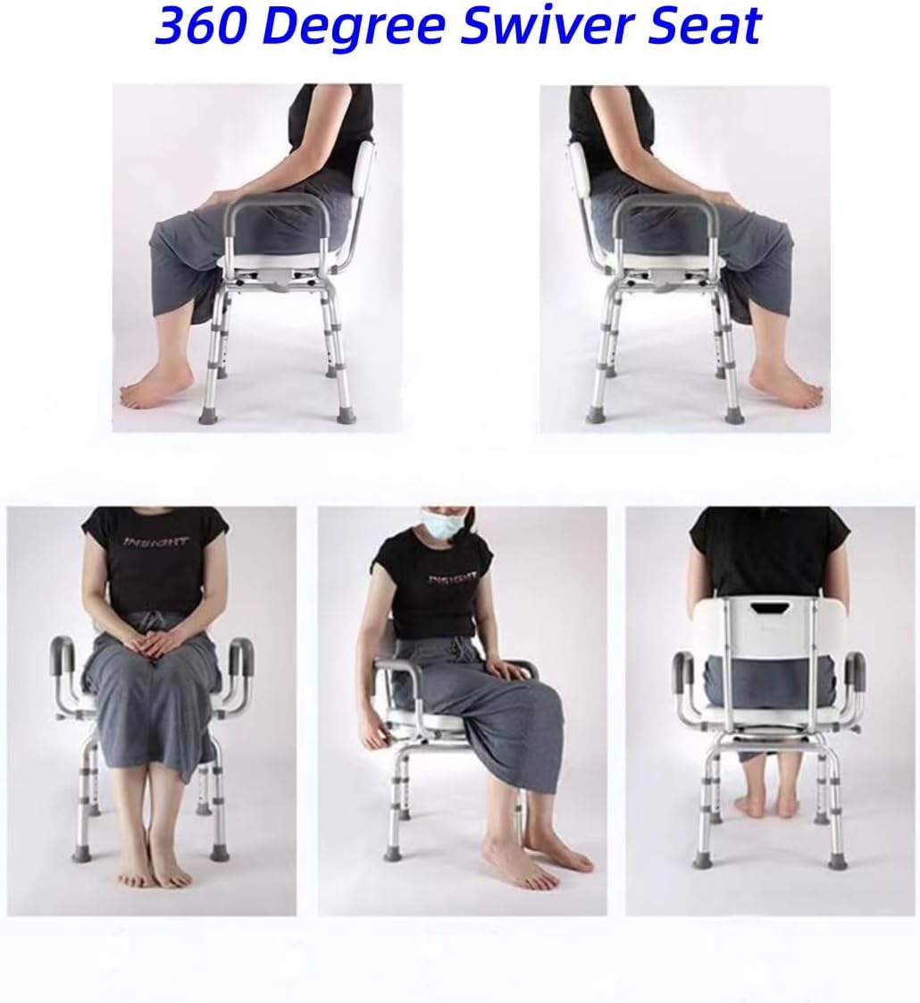 ‌360°Swivel Shower Chair for Elderly and Disabled,Portable Bath Seat with Arms and Back,Adjustable Height Shower Stool for Inside tub,‌5-Minute Tool-Free Assembly,350lbs Capacity (Whitegray, Small)