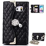S6 Edge Case, Galaxy S6 Edge Case, AMCHOICE(TM)[Colored Crystal Flower][Shoulder Strap] Grid PU Leather Wallet Case For Samsung Galaxy S6 Edge (Black) [Free Stylus,Screen Protector,Cleaning Cloth]