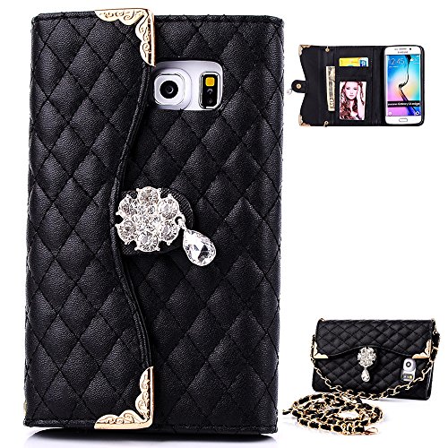 S6 Edge Case, Galaxy S6 Edge Case, AMCHOICE(TM)[Colored Crystal Flower][Shoulder Strap] Grid PU Leather Wallet Case For Samsung Galaxy S6 Edge (Black) [Free Stylus,Screen Protector,Cleaning Cloth]