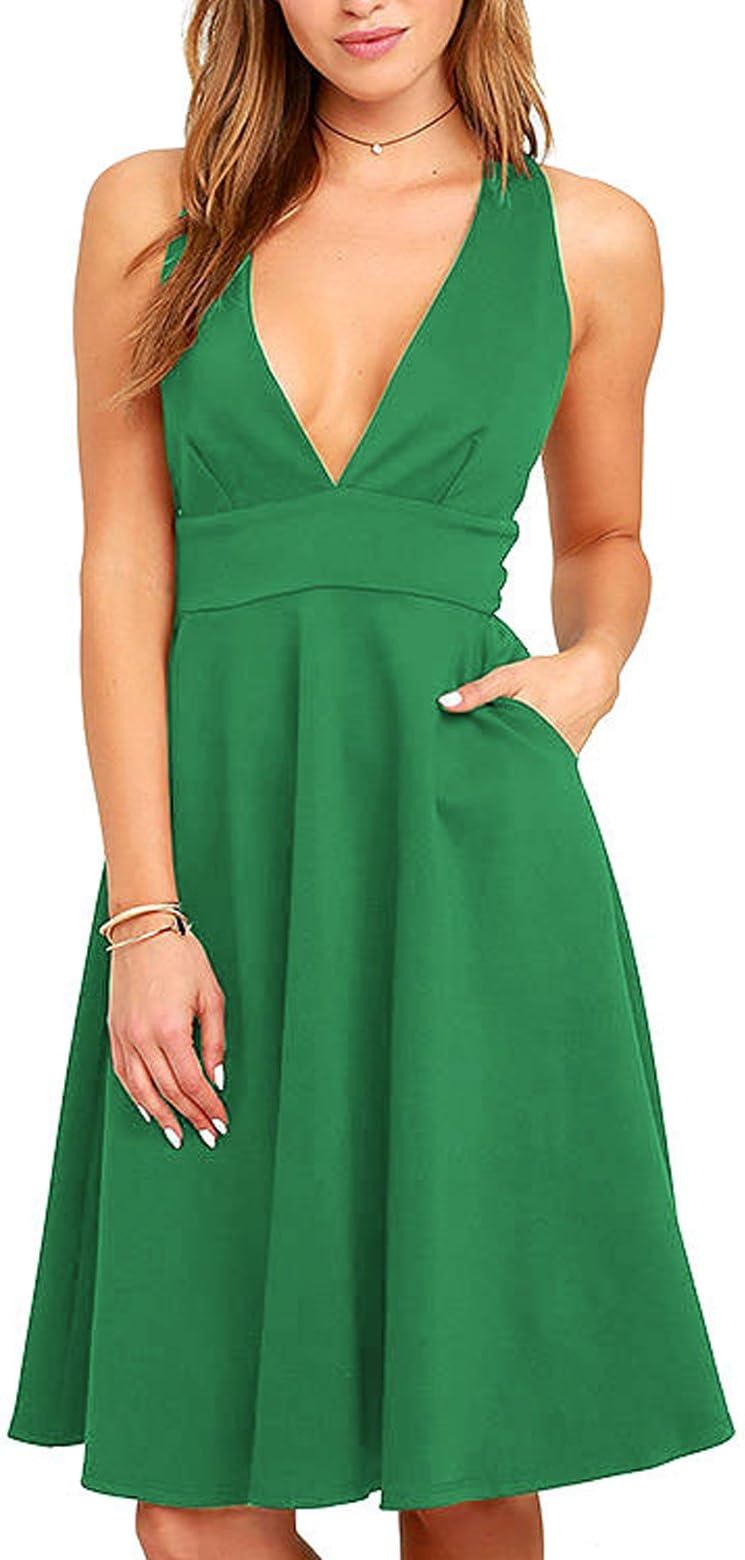 EBUYTIDE Women's Sleeveless Deep V Neck Casual Swing Cocktail Dress with Pockets