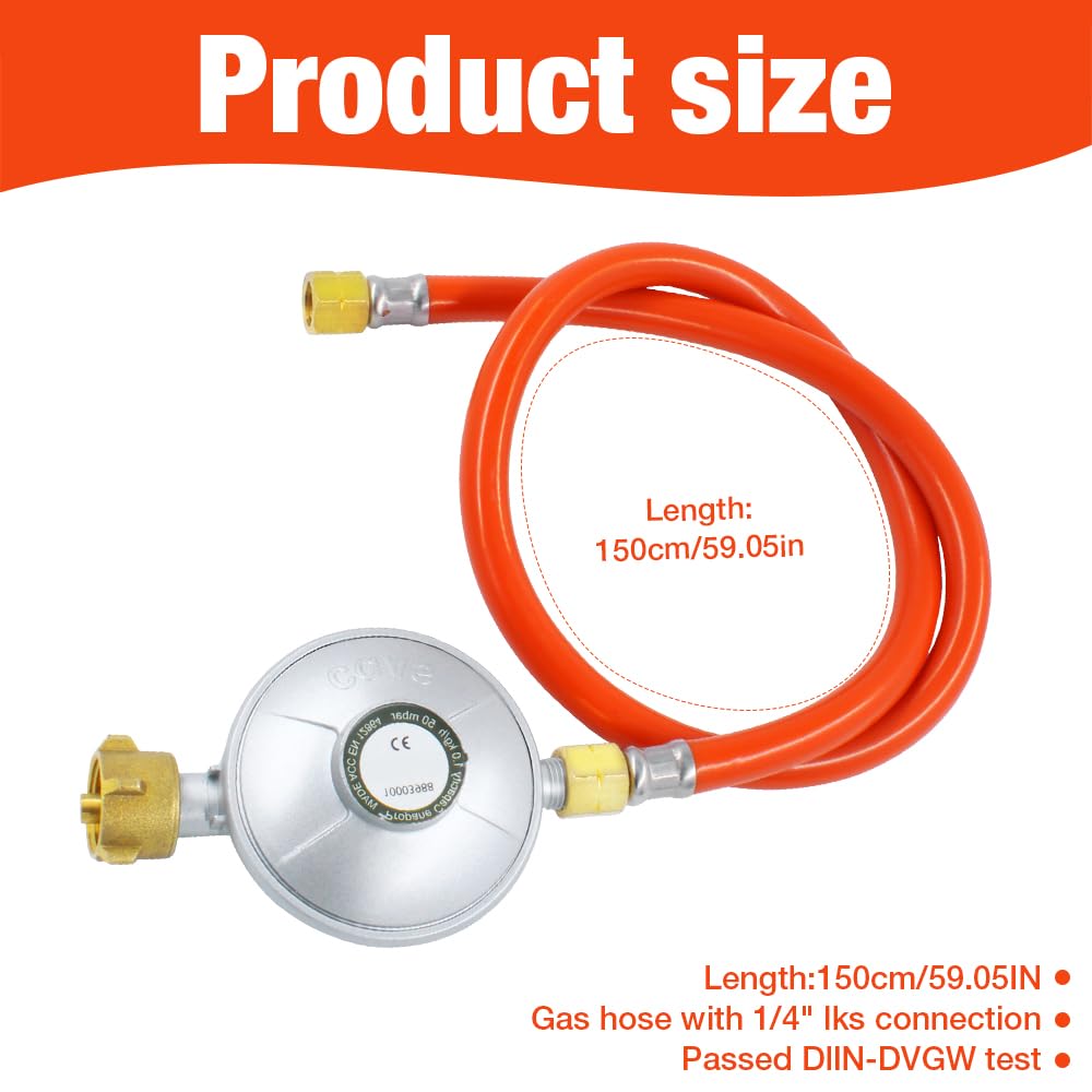 Réducteur de Pression de gaz 50mbar, Régulateur de Pression de gaz en kit avec Tuyau de gaz de 150cm de Long,pour réchaud à gaz, barbecues à gaz ou barbecues à Paella