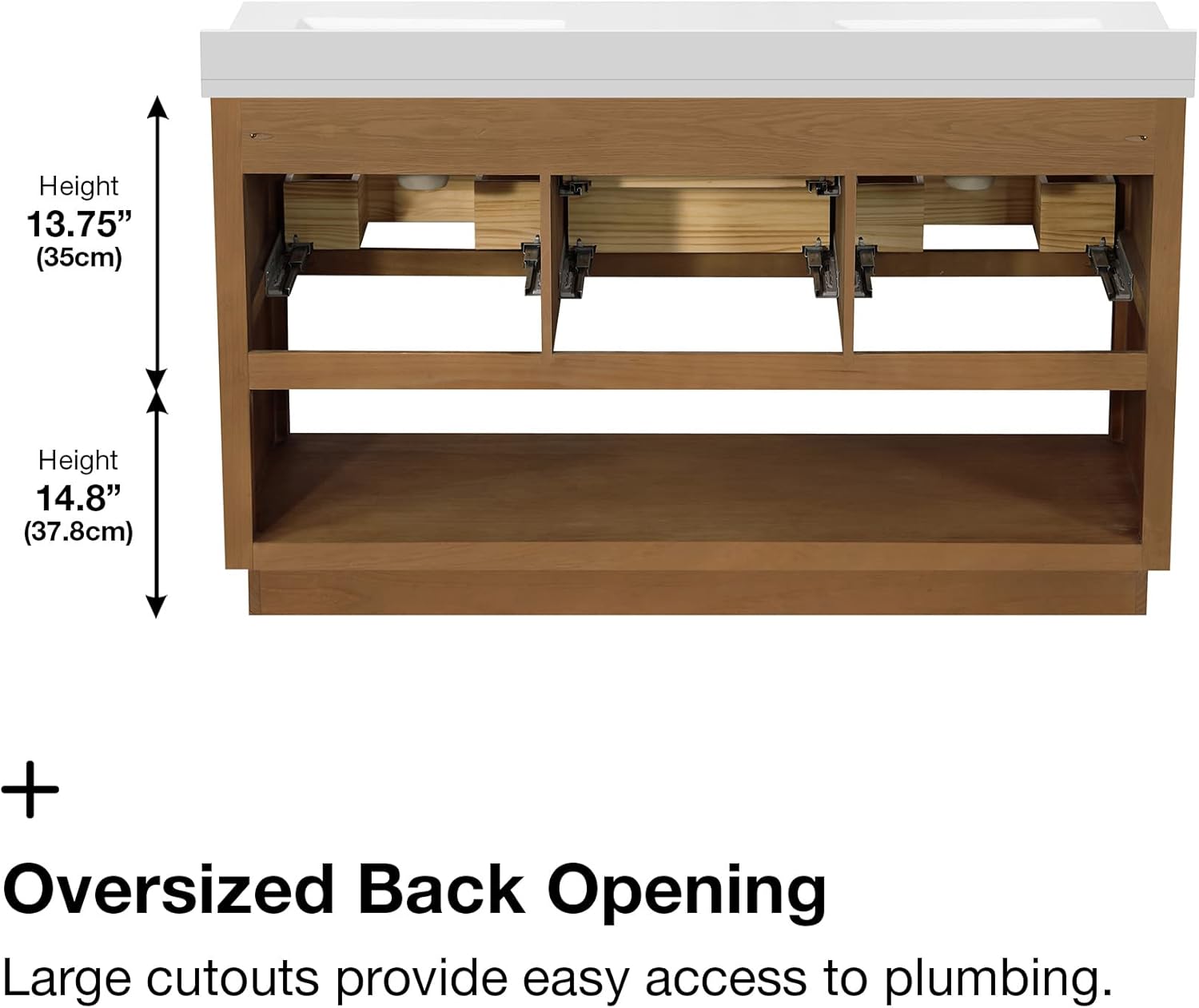 Agter view of the OVE Decors Carran 60-inch Double Undermount Sink Bathroom Vanity, showing the large cutouts in the back panel for plumbing access.