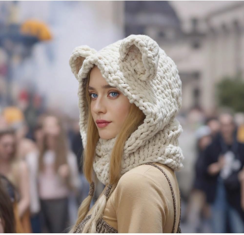 Y2K Cute Bear Ear Knitted Hat for Women, Handmade Knitted with Thick Velvet and One Piece Neck Hat - Image 2