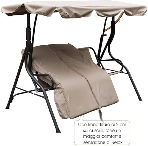 Dondolo Letto Da Giardino 3 Posti Bakaji - Con Tetto Parasole E Schienale Reclinabile, 200x120x165 Cm, Beige - Foto 8