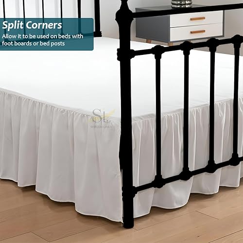 Miniatura 2 de Shreem Linen Falda de cama con volantes con esquinas divididas, color blanco, falda de cama Queen, estilo recogido, fácil ajuste de hasta 15
