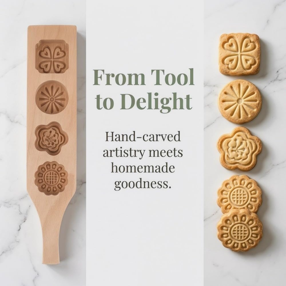 Wood Moon Cake Mould, Beech Pastry Press with 4 Cavities, Hand Carved Pattern, 13.8 in Baking Tool for Mung Bean Cake(Style 2)