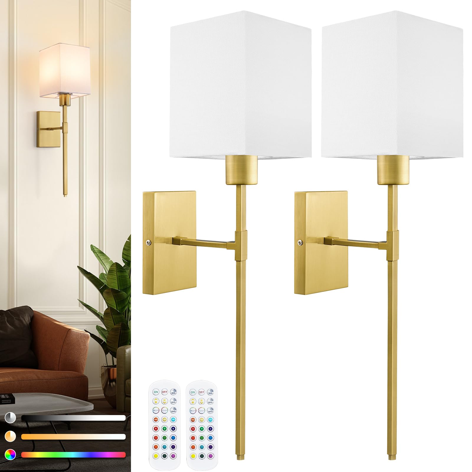 SURAIELEC Battery Operated Wall Lights Set of 2, Non Hardwired Wall Sconce with Remote, Timer and 12 RGB Colors, Gold Wireless Rechargeable Wall Lamp for Bedroom Living Room, Rectangle