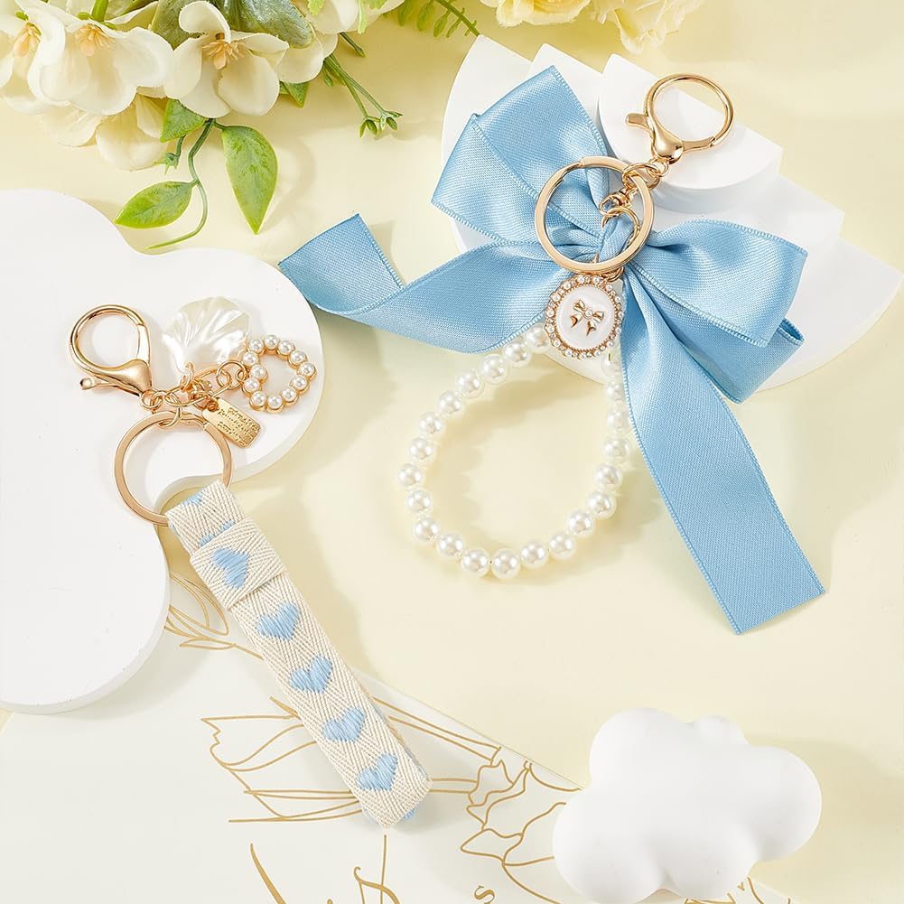 CRASPIRE Bowknot Pearl Keychain Blue Women with Wristlet Bracelet Lobster Clasp Cute Bag Charm Keyri