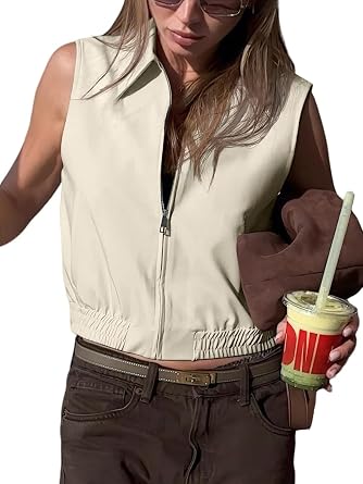 BONVEN Womens Sleeveless Cropped Cargo Vest Tops Summer Western Travel Vest Zip up Jacket Y2k Tops Going Out Outfits