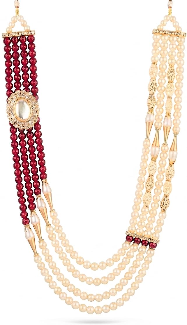 Luxury Multi-Layer Faux Pearl Kantha Mala for Men – Groom's Wedding Necklace with Antique Gold-Plated Kundan & Maroon Bead Accents – Traditional Sherwani & Kurta Groom Jewelry-image-23