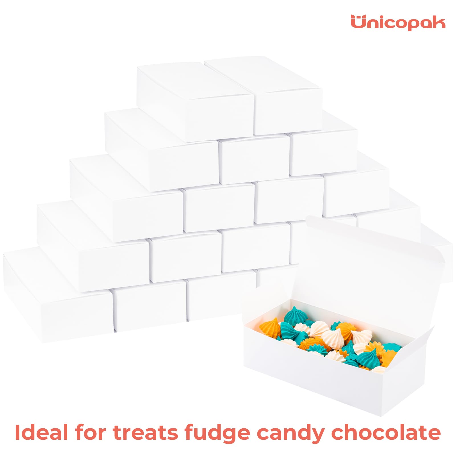 UnicoPak 20 Pack 1 Lb. Candy Boxes, Food Grade White Small Gift Boxes for Fudge Candy Chocolate Treat Goodie, Ideal for Birthday Christmas Party Homemade Business, 7 1/8" x 3 3/8" x 2"